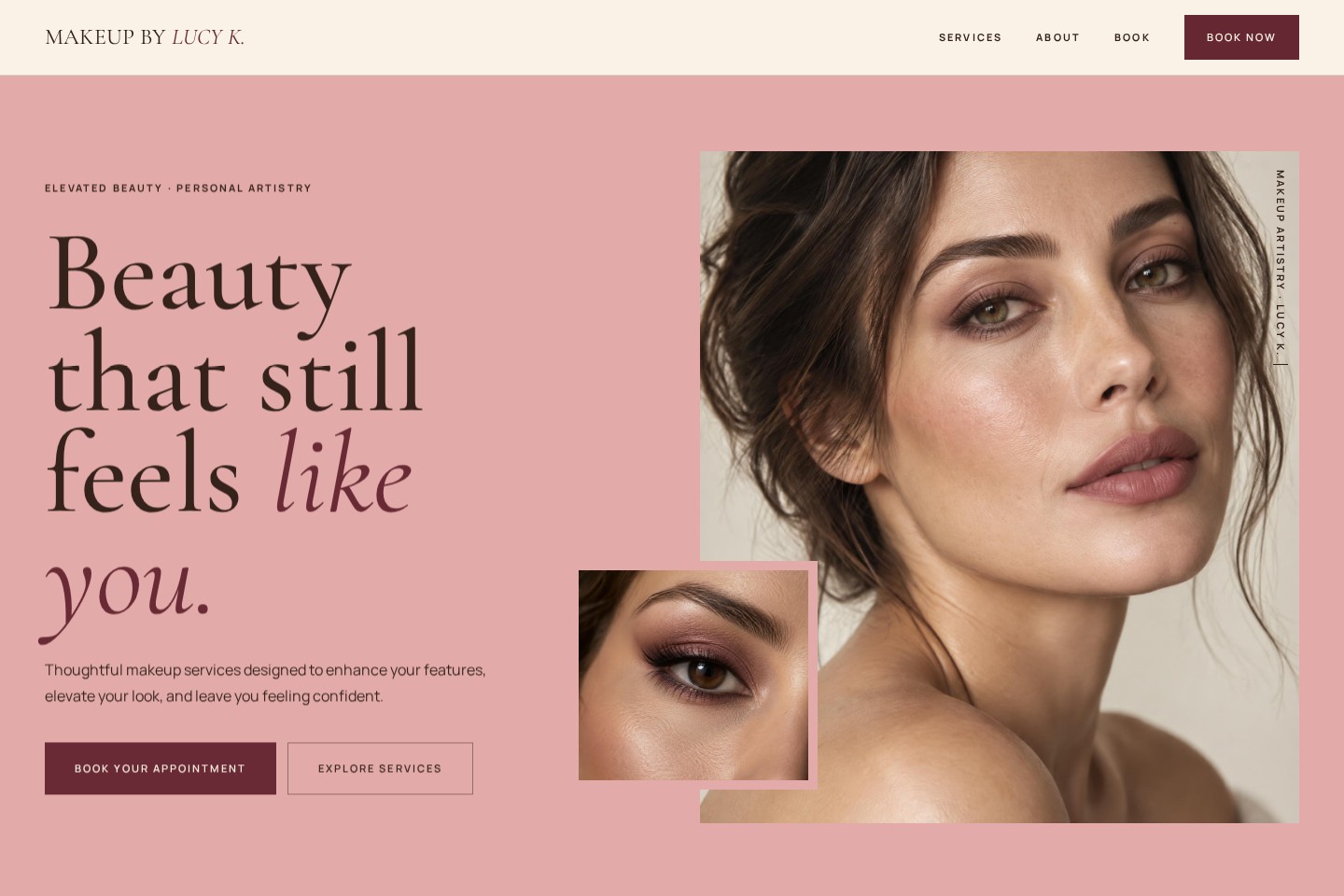Makeup By Lucy K. homepage with soft pink styling and editorial beauty photography